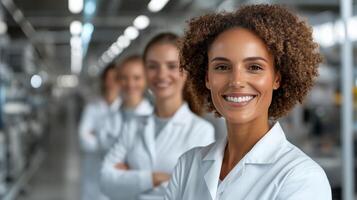A woman in lab coats standing in a factory photo