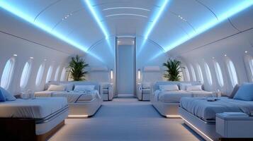 The interior of a private jet with blue lighting photo