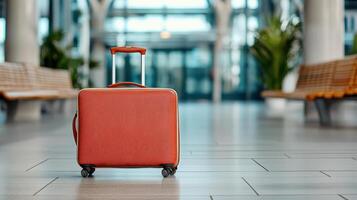 A red suitcase sitting on the floor in an airport photo