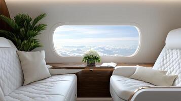 A view of a plane with two white seats and a window photo