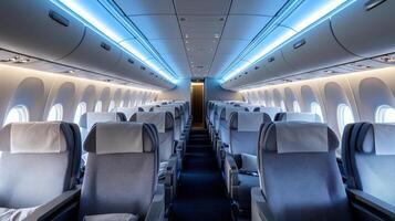 The inside of an airplane with many seats photo