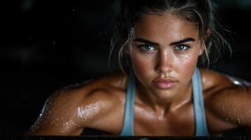 A woman with a bodybuilde is looking at the camera photo