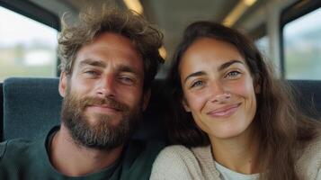 A man and woman are smiling while sitting on a train photo