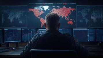 A man sitting at a desk with multiple monitors and a world map on the screen photo