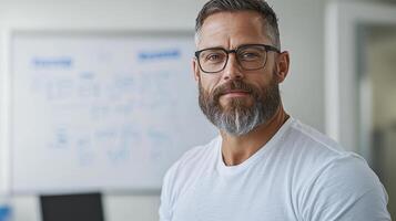 A man with a beard and glasses standing in front of a whiteboard photo
