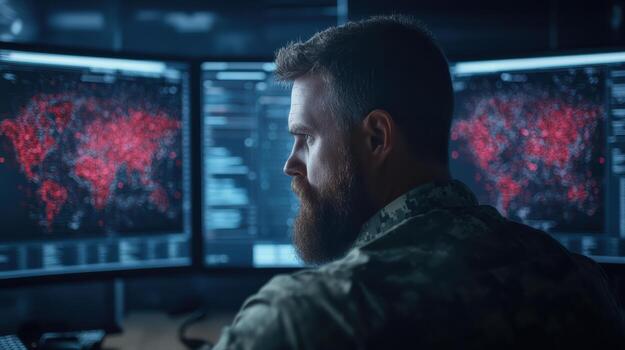 un hombre en militar uniforme es mirando a computadora pantallas foto
