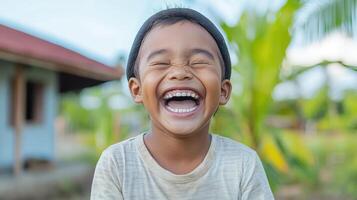 A young boy is laughing and smiling photo