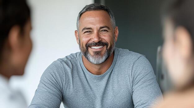 A man with a beard smiles at the camera photo