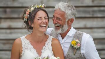 A smiling bride and groom laughing together photo