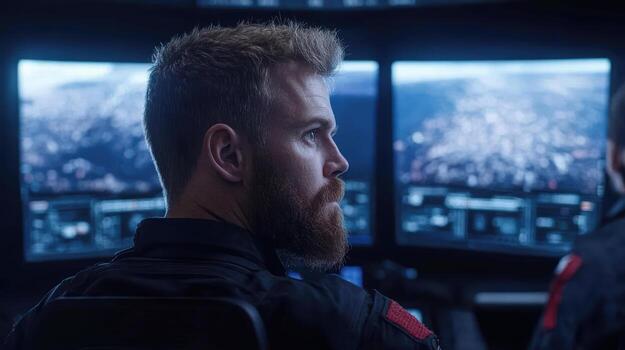 Two men in a cockpit looking at a computer screen photo
