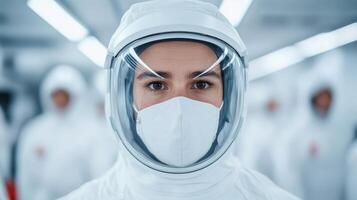 A woman in a white protective suit and mask photo