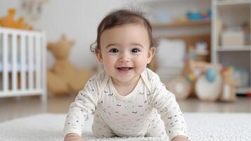 A baby smiling while crawling on a white rug photo