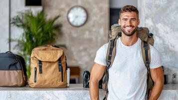 A man with a backpack standing in front of a desk photo