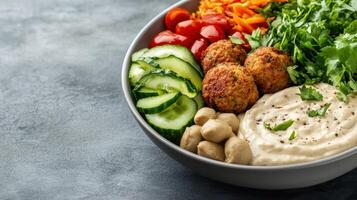 A bowl of food with vegetables, meatballs and hummus photo