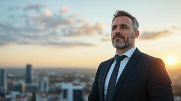 A man in a suit and tie standing in front of a city photo
