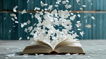 An open book with paper falling from it photo