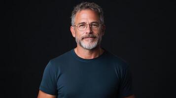 A man with glasses and a beard standing in front of a black background photo