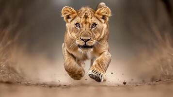 A lion cub running on a dirt road photo