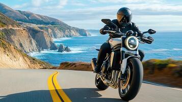 A person riding a motorcycle on a road near the ocean photo