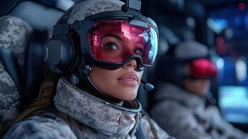 A woman in military gear wearing goggles photo