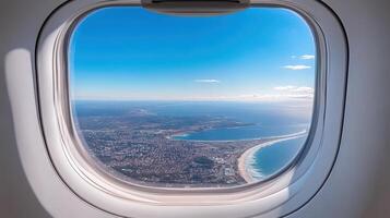 An airplane window looking out at a view of the ocean photo