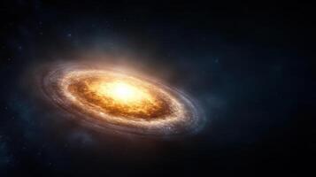 A large galaxy in space with a bright yellow center photo