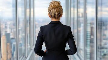 A woman in a business suit looking out a window photo