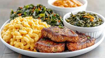 A plate of food with macaroni and cheese, greens and meat photo