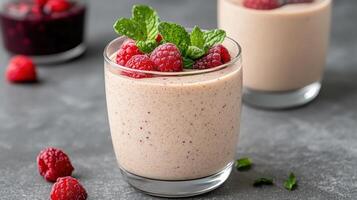 Two glasses of smoothie with raspberries and mint leaves photo