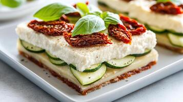 A square plate topped with a slice of cheese and cucumbers photo
