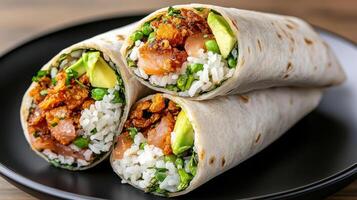 A wrap with rice, avocado and salmon on it photo