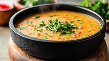 A bowl of soup with herbs and vegetables on a wooden table photo