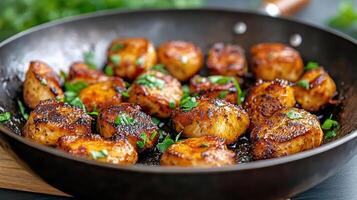 A pan filled with cooked scallops on a table photo