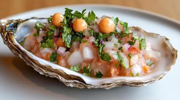 A close up of an oyster with a salad on top photo