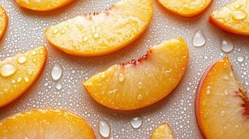 Sliced peaches on a white surface with water droplets photo