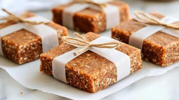 Four squares of oatmeal with twine wrapped around them photo