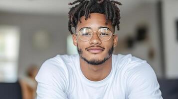 A young man with dreadlocks and glasses sitting on a couch photo