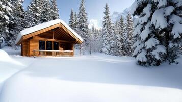 A cabin in the snow surrounded by trees photo