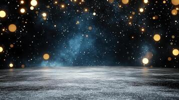 A dark and shiny floor with stars and lights photo