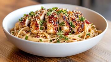 A bowl of pasta with chicken and sesame seeds photo