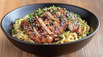 Chicken with noodles and sesame seeds in a bowl photo