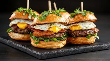 Three mini burgers with bacon and eggs on a black slate photo