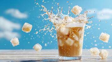 Ice cubes falling into a glass of iced coffee photo