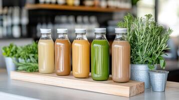 Five different juices in bottles on a wooden tray photo