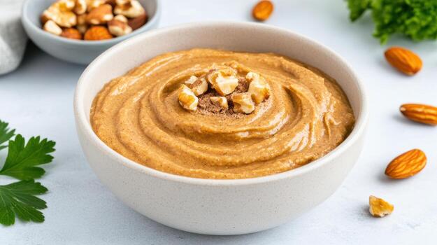 Almond butter in a bowl with nuts and herbs photo
