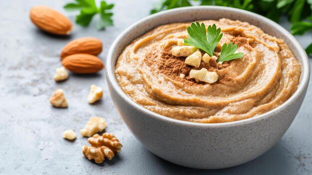 Almond butter with parsley and nuts photo