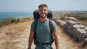 A man with a backpack smiles while walking on a trail photo