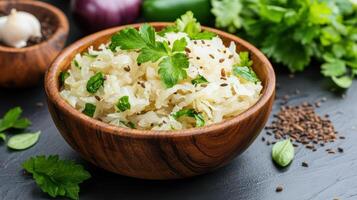 Sauerkraut in a wooden bowl with herbs and spices photo