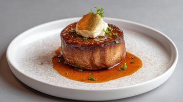 A dessert on a white plate with sauce photo