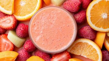 A bowl of fruit and a smoothie photo